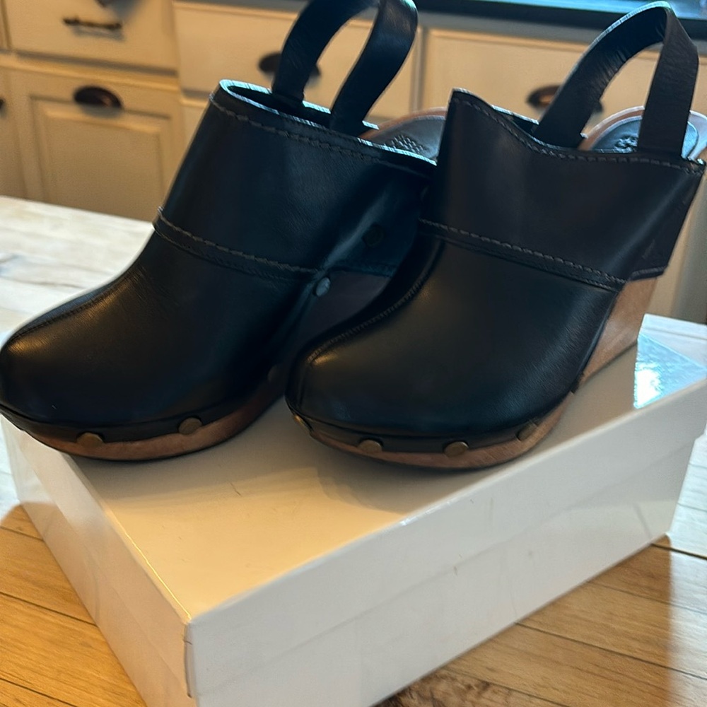See By Chloé Black Leather Clog Sandals with Wood Platform